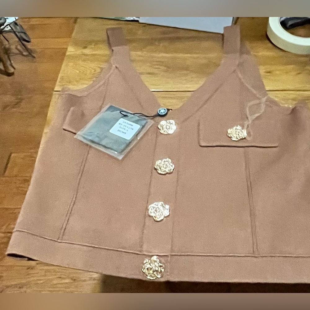 Boutique Mocha Brown Knit Button Front Tank with Floral Buttons